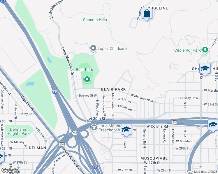 map of restaurants, bars, coffee shops, grocery stores, and more near 1332 West Marshall Boulevard in San Bernardino
