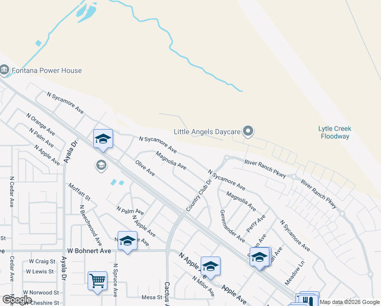 map of restaurants, bars, coffee shops, grocery stores, and more near 5723 North Sycamore Avenue in Rialto