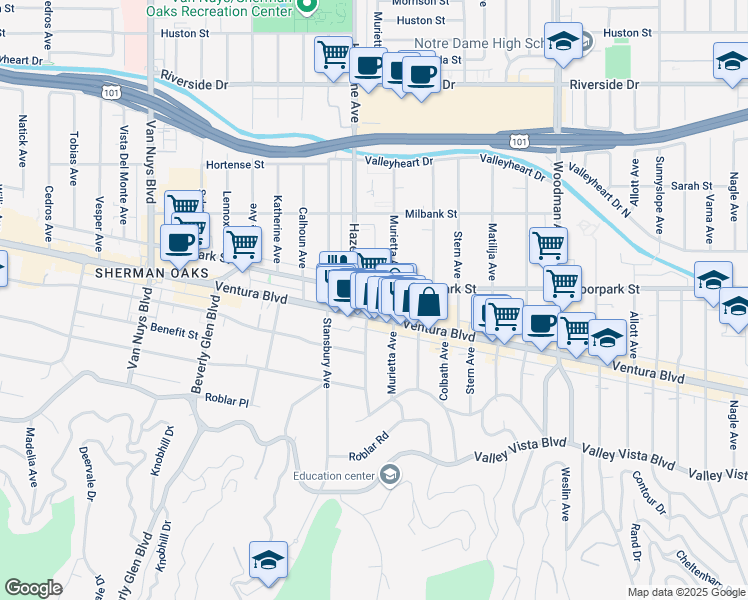 map of restaurants, bars, coffee shops, grocery stores, and more near 14049 Ventura Boulevard in Los Angeles