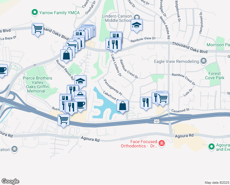 map of restaurants, bars, coffee shops, grocery stores, and more near 30670 Passageway Place in Agoura Hills