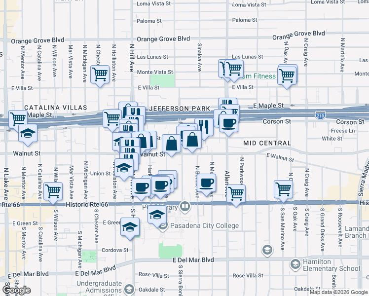 map of restaurants, bars, coffee shops, grocery stores, and more near 1596 Locust Street in Pasadena