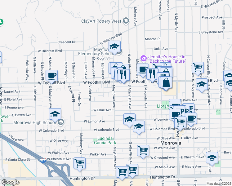map of restaurants, bars, coffee shops, grocery stores, and more near 448 Linwood Avenue in Monrovia