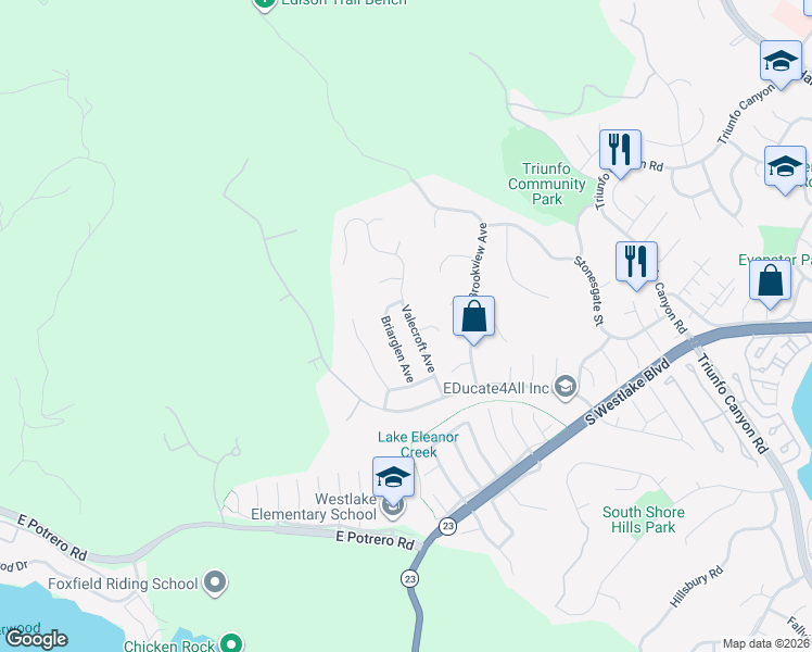 map of restaurants, bars, coffee shops, grocery stores, and more near 1501 Valecroft Avenue in Westlake Village