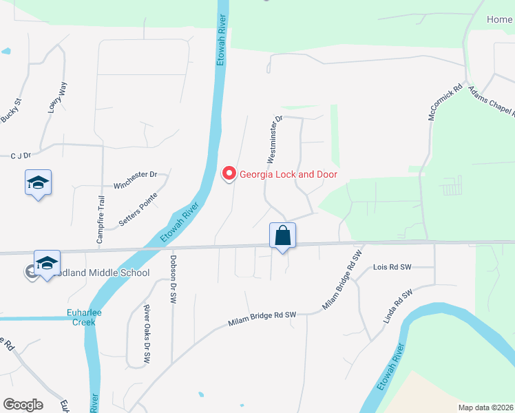 map of restaurants, bars, coffee shops, grocery stores, and more near 26 Cliffhanger Pointe Southwest in Euharlee