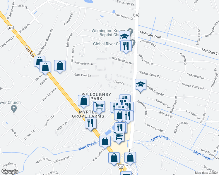 map of restaurants, bars, coffee shops, grocery stores, and more near 4947 Pleasant Grove Drive in Wilmington