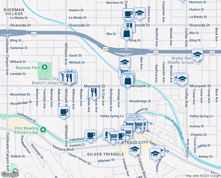map of restaurants, bars, coffee shops, grocery stores, and more near 4349 Bellingham Avenue in Los Angeles