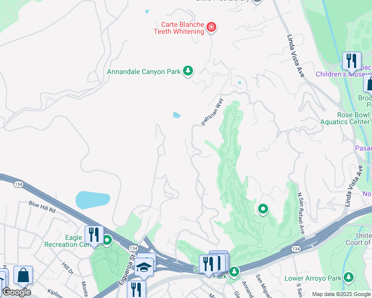 map of restaurants, bars, coffee shops, grocery stores, and more near 325 Woodcliffe Road in Pasadena