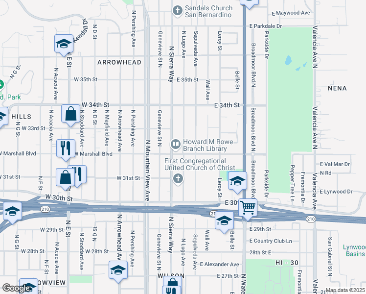 map of restaurants, bars, coffee shops, grocery stores, and more near 3225 North Lugo Avenue in San Bernardino
