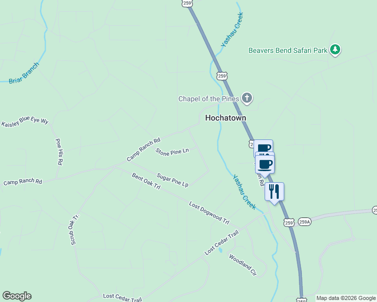 map of restaurants, bars, coffee shops, grocery stores, and more near 136 Stone Pine Lane in Broken Bow