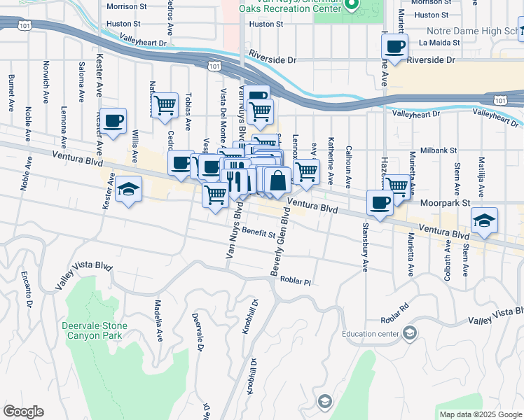 map of restaurants, bars, coffee shops, grocery stores, and more near 14446 Ventura Boulevard in Los Angeles