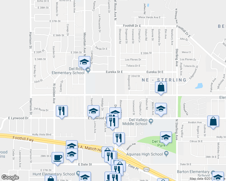 map of restaurants, bars, coffee shops, grocery stores, and more near 3236 Del Rosa Avenue North in San Bernardino