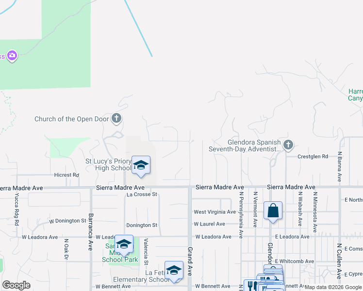 map of restaurants, bars, coffee shops, grocery stores, and more near 910 Cloverview Drive in Glendora