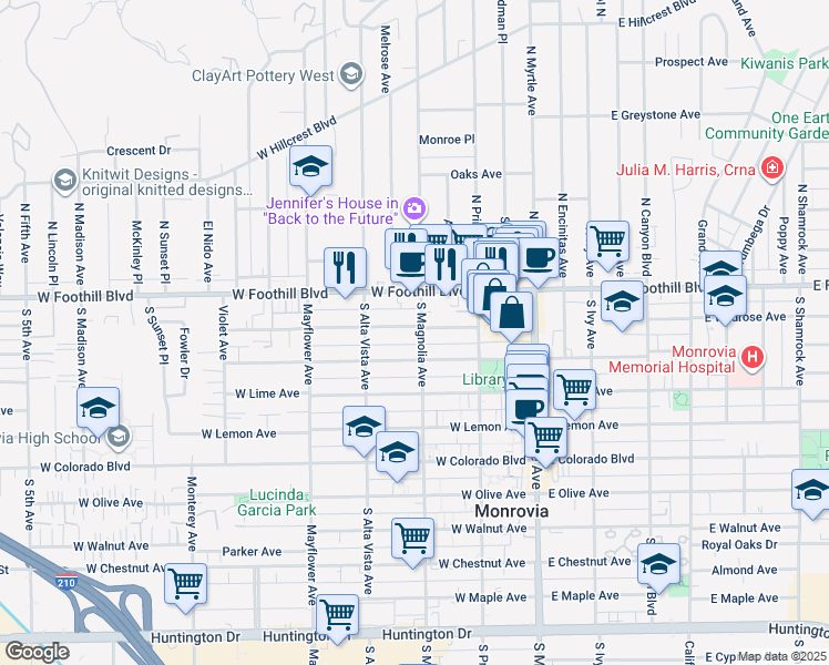 map of restaurants, bars, coffee shops, grocery stores, and more near 267 Linwood Avenue in Monrovia