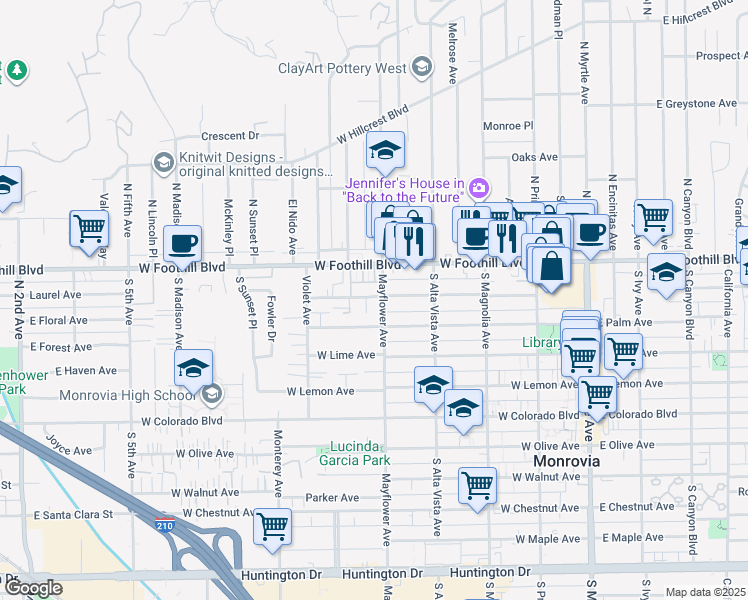 map of restaurants, bars, coffee shops, grocery stores, and more near 122 Mayflower Avenue in Monrovia
