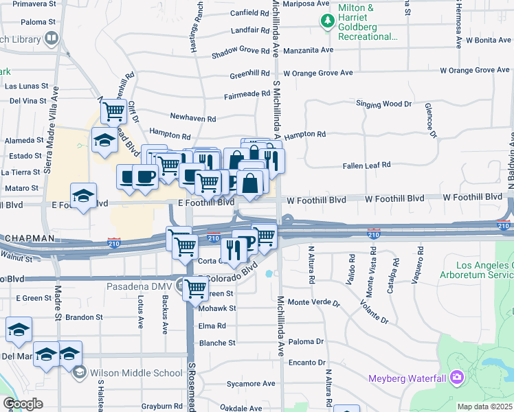 map of restaurants, bars, coffee shops, grocery stores, and more near 3807 East Foothill Boulevard in Pasadena