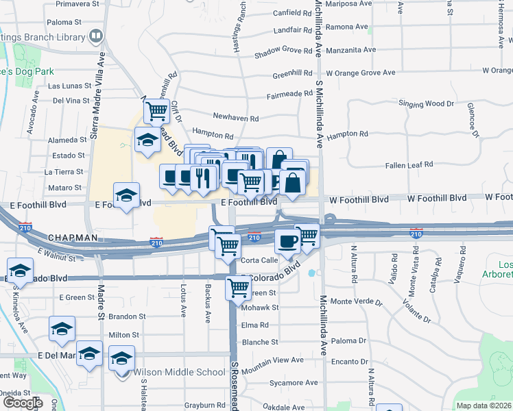 map of restaurants, bars, coffee shops, grocery stores, and more near 3741 East Foothill Boulevard in Pasadena