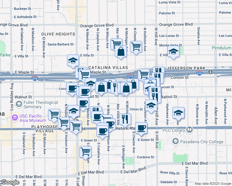 map of restaurants, bars, coffee shops, grocery stores, and more near 266 Mar Vista Avenue in Pasadena