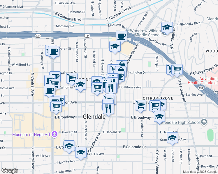 map of restaurants, bars, coffee shops, grocery stores, and more near 311a Geneva Street in Glendale