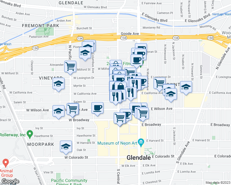 map of restaurants, bars, coffee shops, grocery stores, and more near 319 North Central Avenue in Glendale