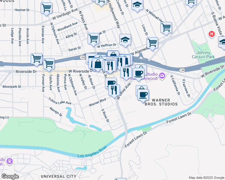 map of restaurants, bars, coffee shops, grocery stores, and more near 125 North Maple Street in Burbank