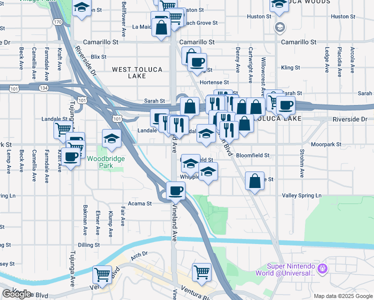 map of restaurants, bars, coffee shops, grocery stores, and more near 10945 Moorpark Street in Los Angeles