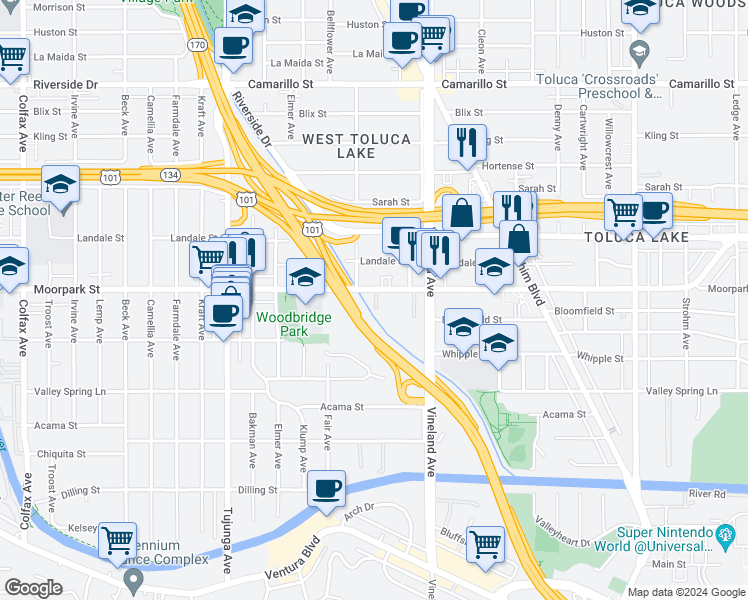 map of restaurants, bars, coffee shops, grocery stores, and more near 11113 Moorpark Street in Los Angeles
