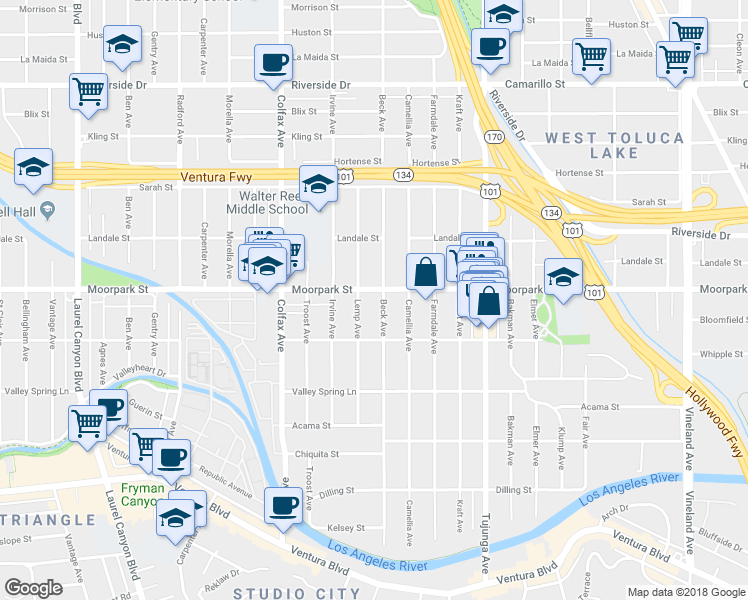 map of restaurants, bars, coffee shops, grocery stores, and more near 11575 Moorpark Street in Los Angeles