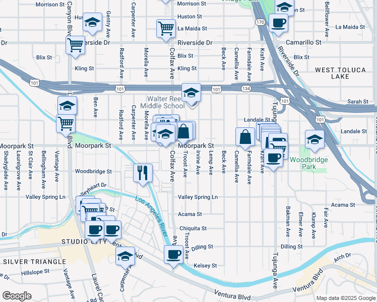 map of restaurants, bars, coffee shops, grocery stores, and more near 11611 Moorpark Street in Los Angeles