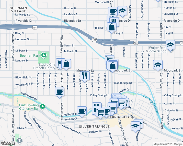 map of restaurants, bars, coffee shops, grocery stores, and more near in Los Angeles