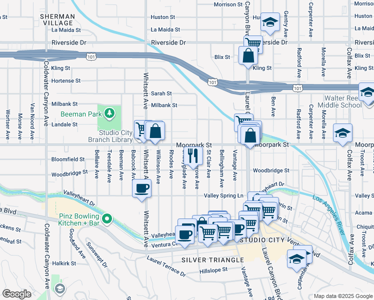 map of restaurants, bars, coffee shops, grocery stores, and more near 12303 Moorpark Street in Los Angeles