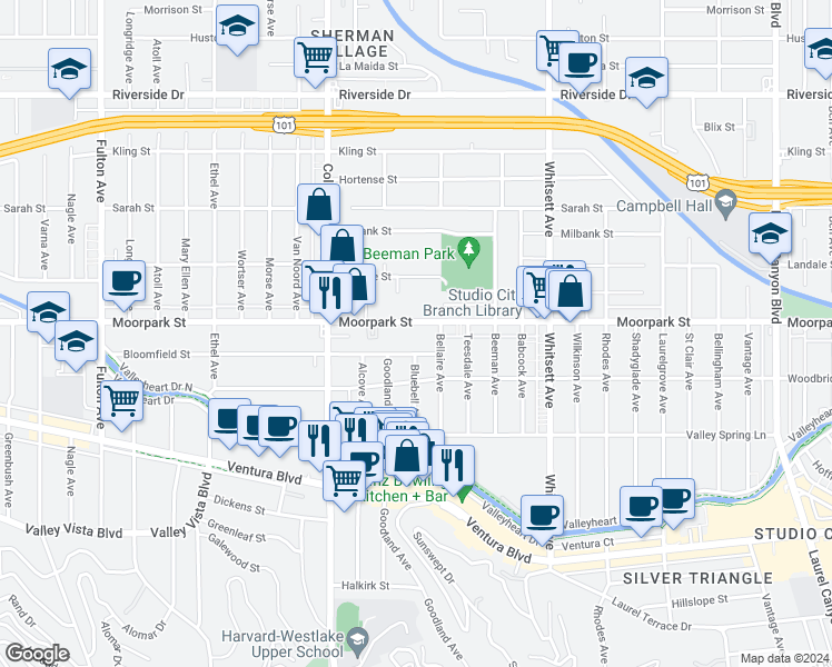map of restaurants, bars, coffee shops, grocery stores, and more near 12715 Moorpark Street in Los Angeles