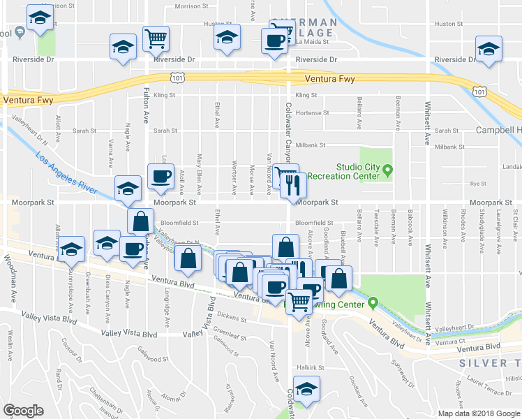 map of restaurants, bars, coffee shops, grocery stores, and more near 12961 Moorpark Street in Los Angeles