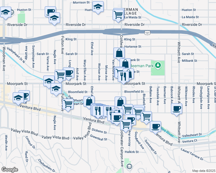 map of restaurants, bars, coffee shops, grocery stores, and more near 12961 Moorpark Street in Los Angeles
