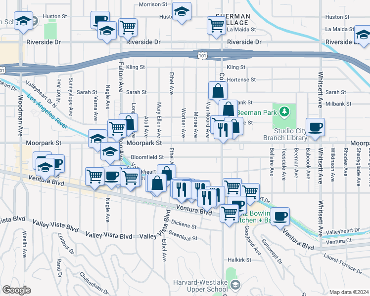 map of restaurants, bars, coffee shops, grocery stores, and more near 13041 Moorpark Street in Los Angeles