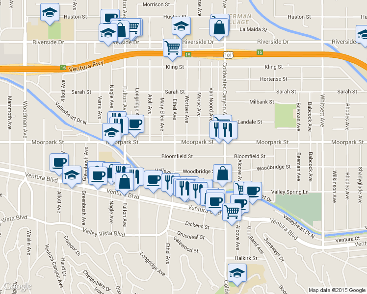 map of restaurants, bars, coffee shops, grocery stores, and more near 13041 Moorpark Street in Los Angeles