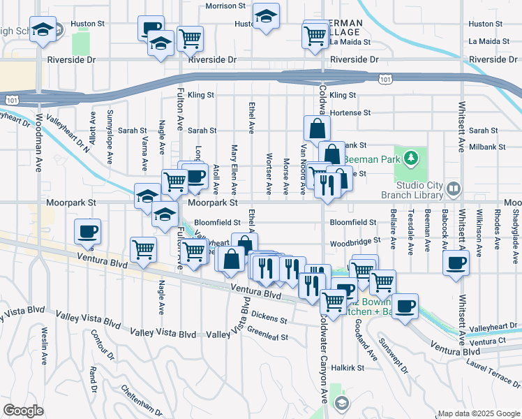 map of restaurants, bars, coffee shops, grocery stores, and more near 13041 Moorpark Street in Los Angeles