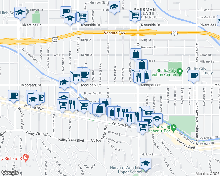 map of restaurants, bars, coffee shops, grocery stores, and more near 13041 Moorpark Street in Los Angeles