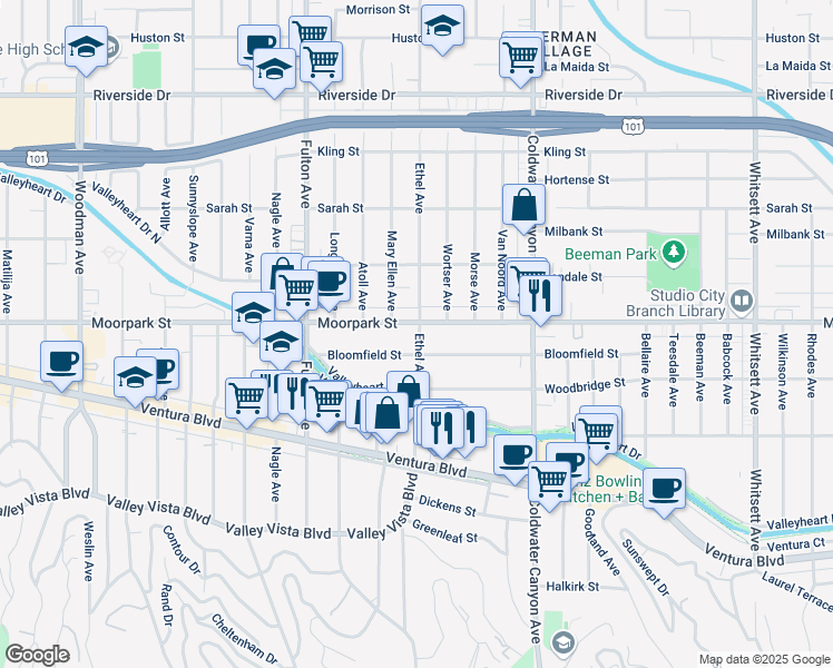 map of restaurants, bars, coffee shops, grocery stores, and more near 13113 Moorpark Street in Los Angeles