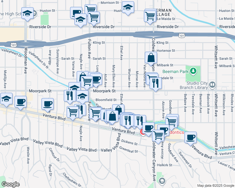 map of restaurants, bars, coffee shops, grocery stores, and more near 13113 Moorpark Street in Los Angeles