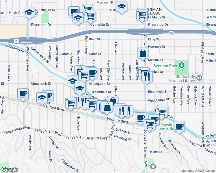 map of restaurants, bars, coffee shops, grocery stores, and more near 13113 Moorpark Street in Los Angeles