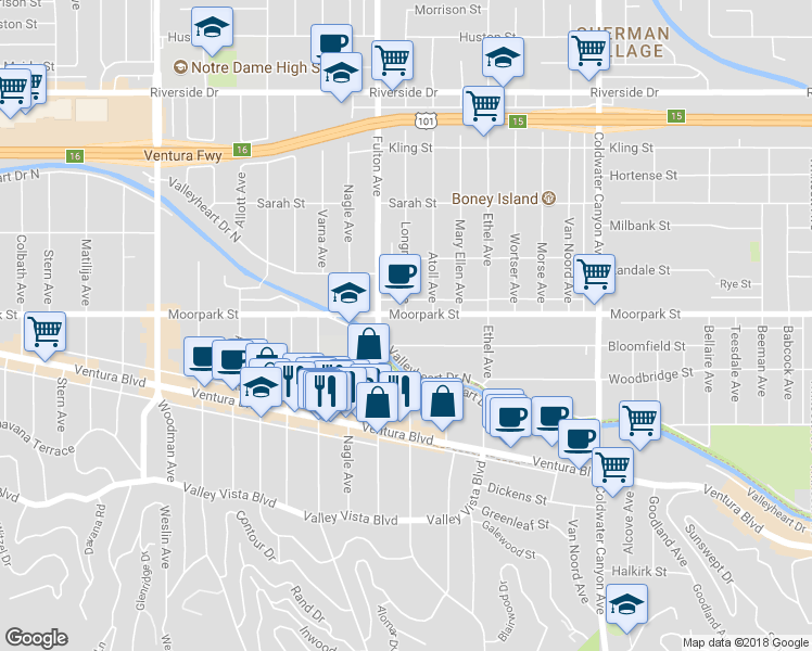 map of restaurants, bars, coffee shops, grocery stores, and more near 13261 Moorpark Street in Los Angeles