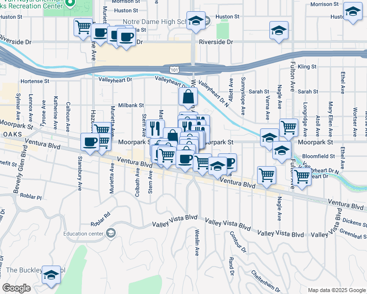 map of restaurants, bars, coffee shops, grocery stores, and more near 4402 Mammoth Avenue in Los Angeles