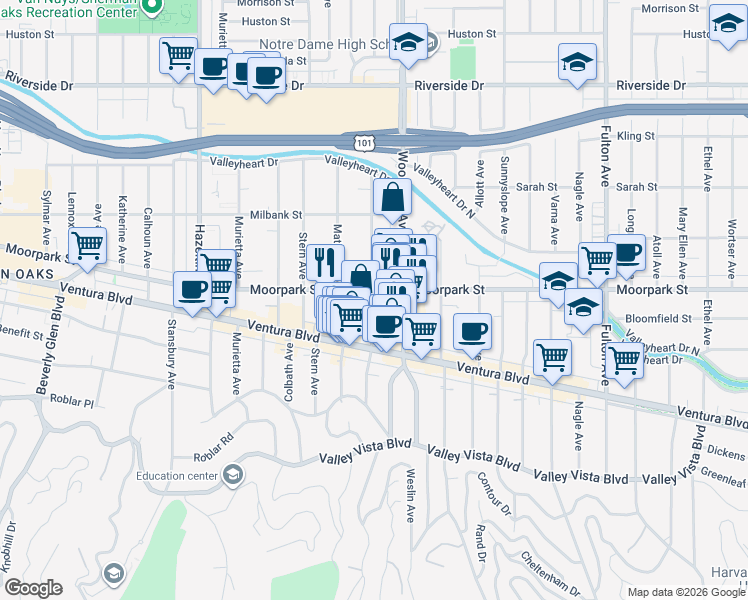 map of restaurants, bars, coffee shops, grocery stores, and more near 4402 Mammoth Avenue in Los Angeles
