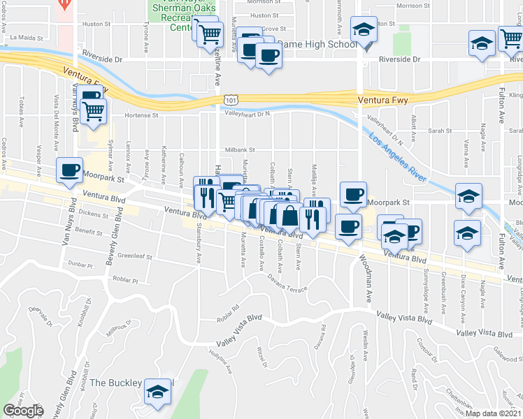 map of restaurants, bars, coffee shops, grocery stores, and more near 13951 Moorpark Street in Los Angeles