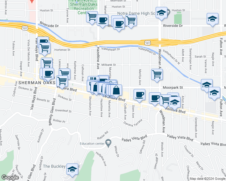 map of restaurants, bars, coffee shops, grocery stores, and more near 14025 Moorpark Street in Los Angeles