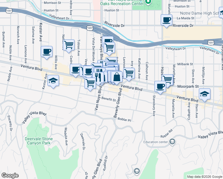 map of restaurants, bars, coffee shops, grocery stores, and more near 14446 Ventura Boulevard in Los Angeles