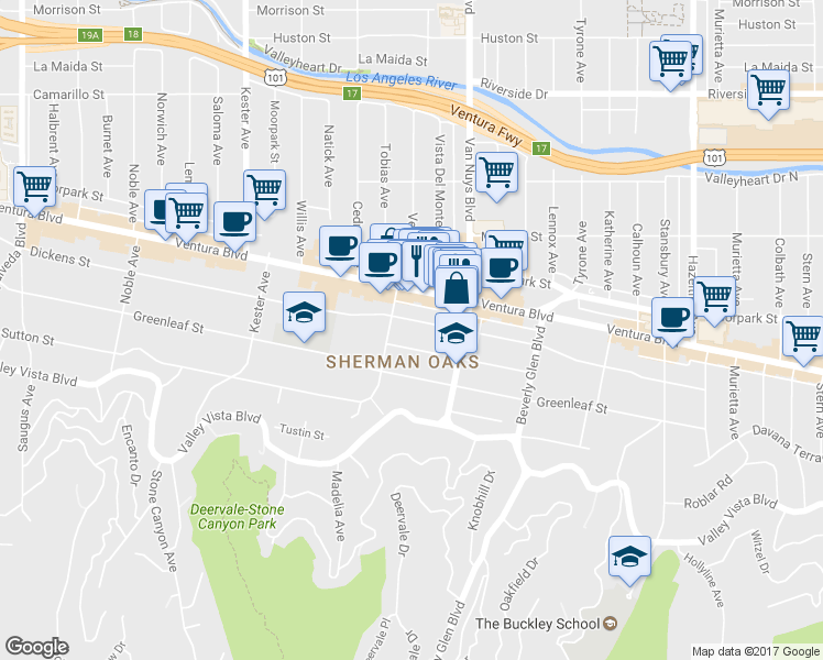 map of restaurants, bars, coffee shops, grocery stores, and more near 14541 Dickens Street in Los Angeles