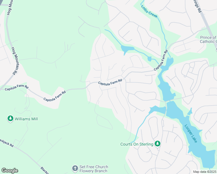 map of restaurants, bars, coffee shops, grocery stores, and more near 6821 Bungalow Road in Flowery Branch