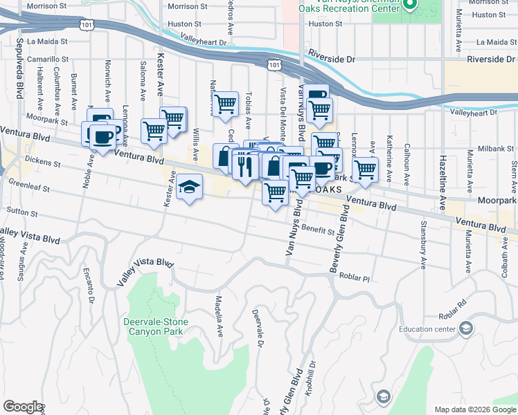map of restaurants, bars, coffee shops, grocery stores, and more near 4319 Cedros Avenue in Los Angeles