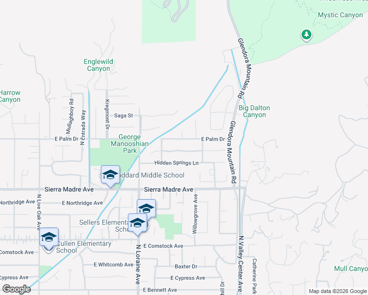 map of restaurants, bars, coffee shops, grocery stores, and more near 1257 Indian Springs Drive in Glendora